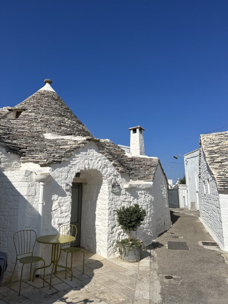 Trulli e ruas de Alberobello sob o céu azul