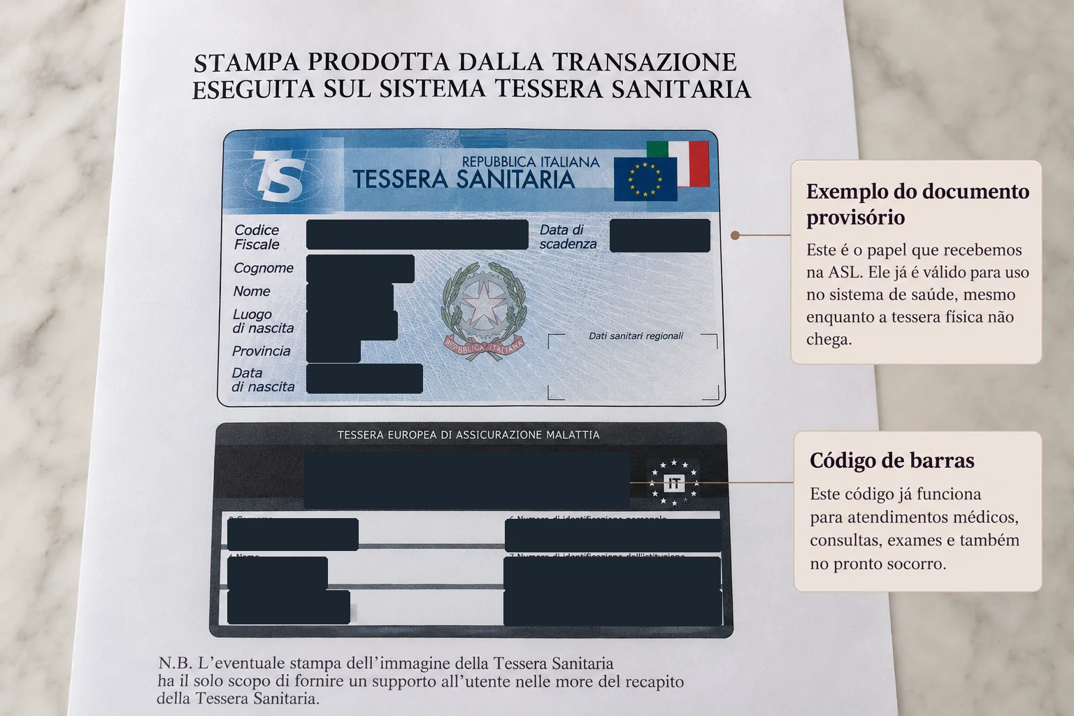 Documento provisório da tessera sanitaria recebido na ASL